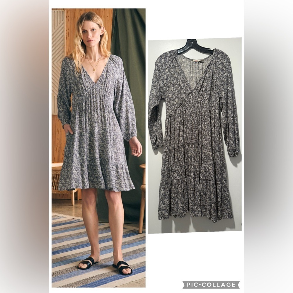 Faherty Sirene Mini Dress S Navy Ditsy Floral Long Sleeve V Neck Ruffle Hem